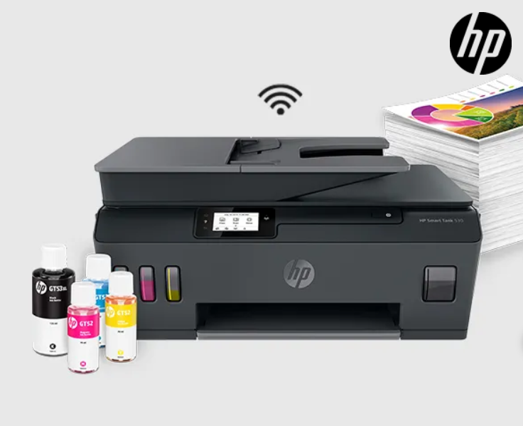 Impresora multifuncional HP Smart Tank 530 con tanques de tinta integrados.
