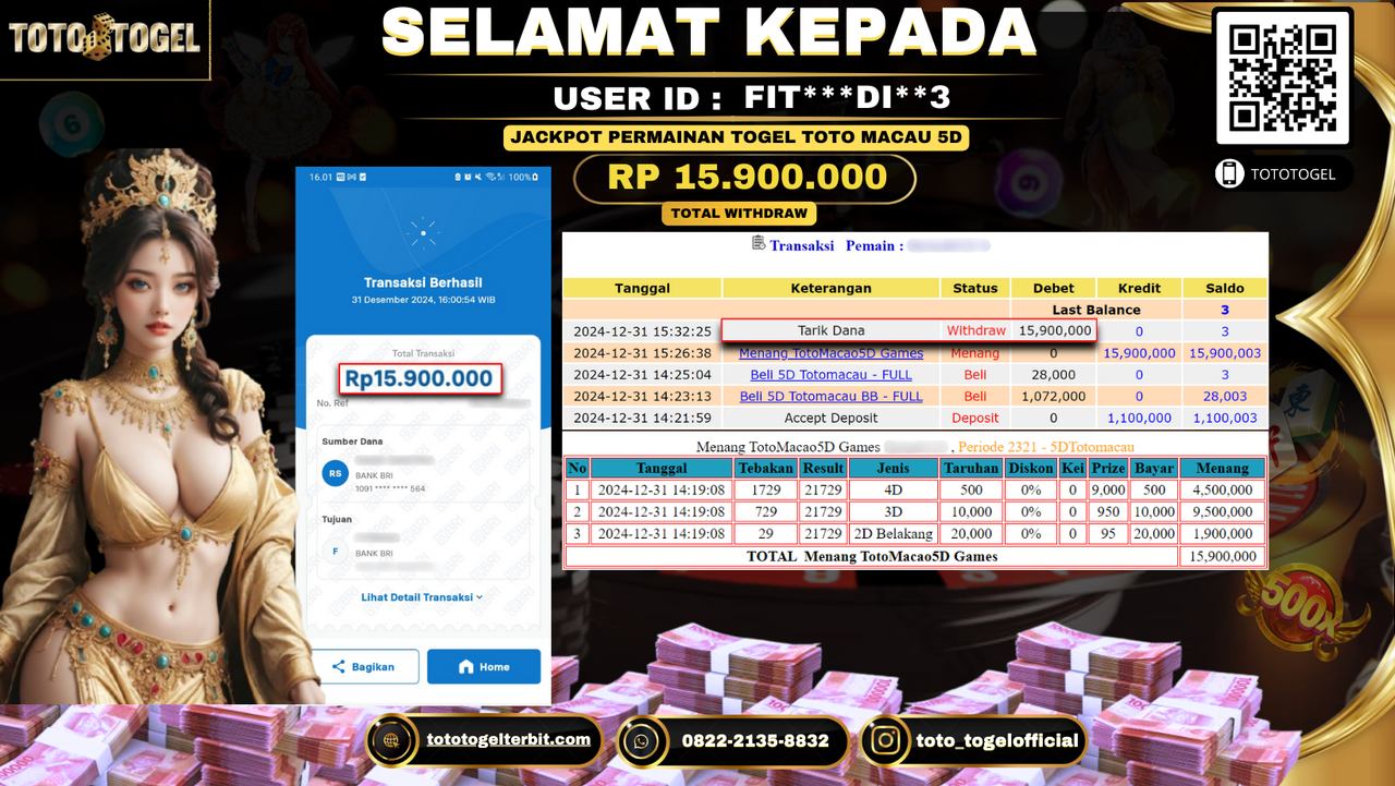 Bukti Pembayaran Jackpot  Permainan Togel Toto Macau 5D  : FIT***DI**3 LUNAS