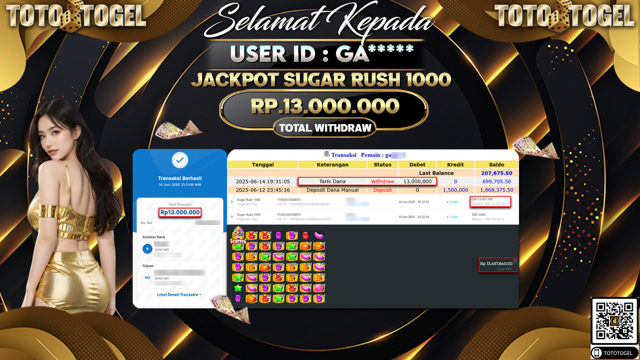 Bukti Pembayaran Jackpot Permainan Slot Sugar Rush 1000 ID:GA***** LUNAS