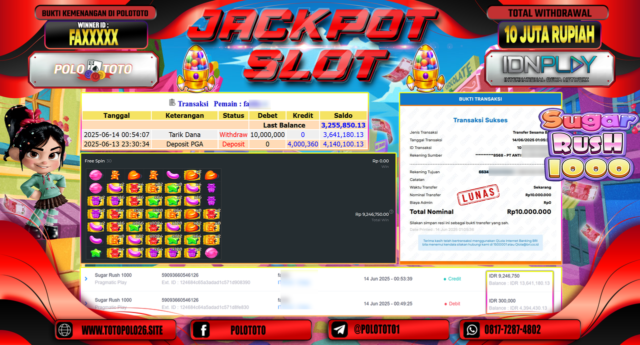 POLOTOTO JACKPOT SLOT SUGAR RUSH 1000 Rp.10.000.000,-