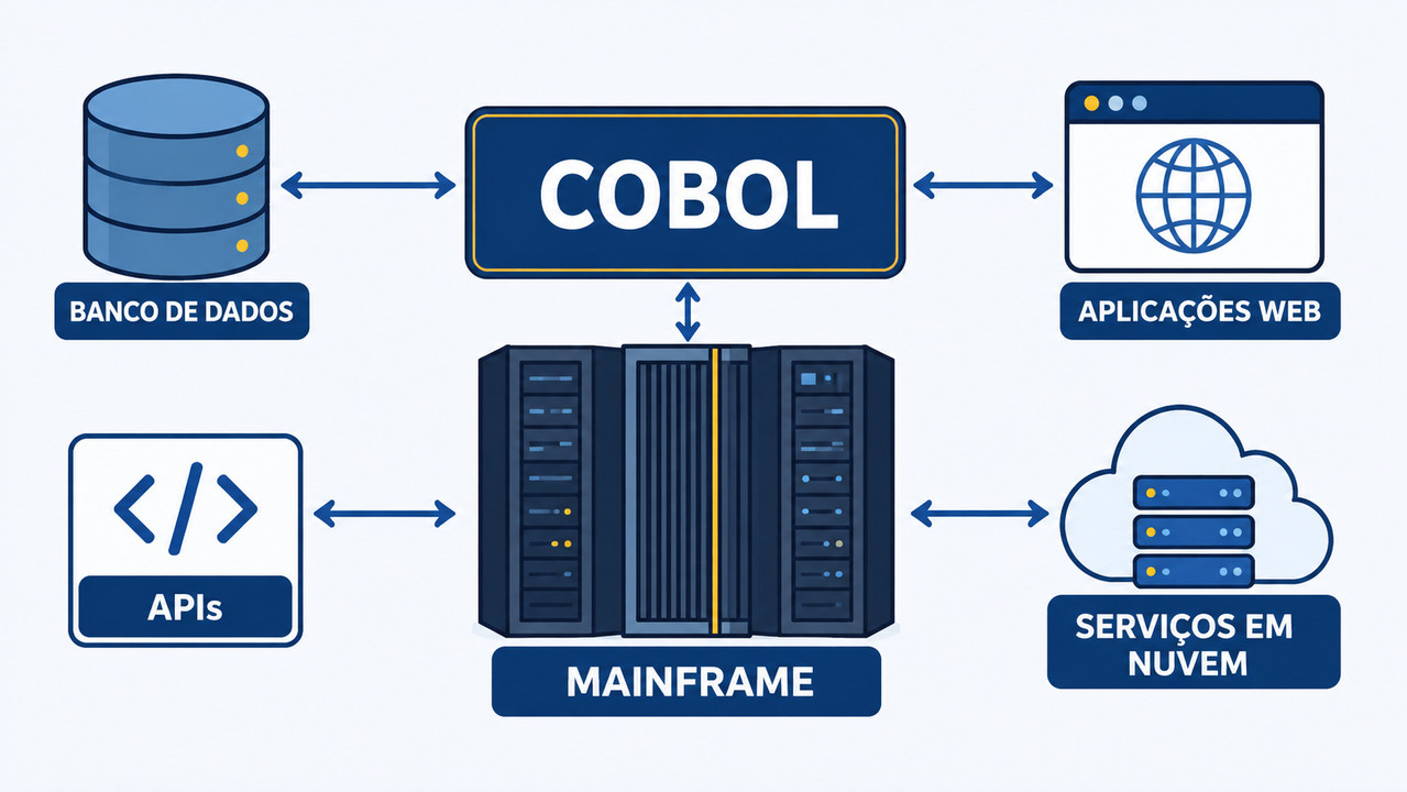 Representação de um sistema COBOL conectado a mainframe, banco de dados, aplicações web, APIs e serviços em nuvem