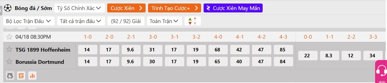 Tỷ lệ tỷ số chính xác Hoffenheim vs Dortmund
