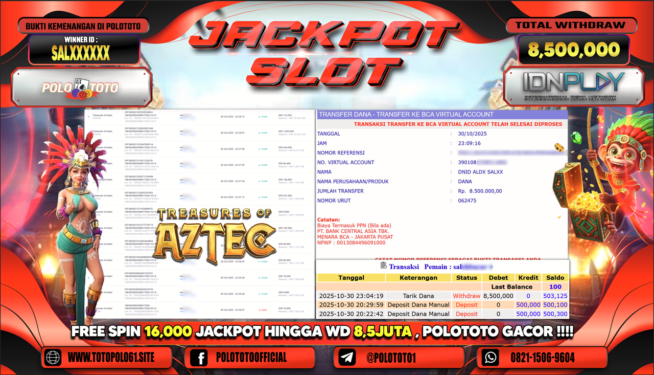 POLOTOTO JACKPOT SLOT TREASURES OF AZTEC Rp.8.500.000,- LUNAS