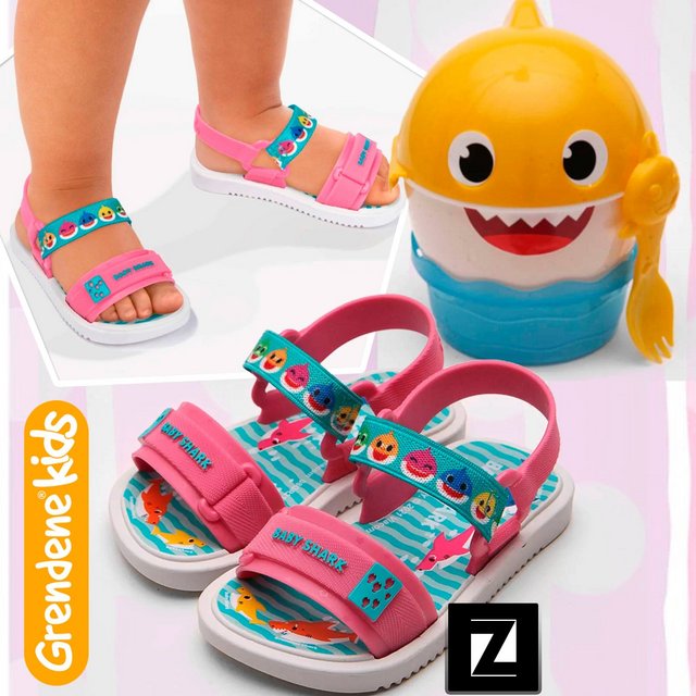 Sandália Bebê Grendene Kids Baby Shark Lanchinho Feminina + Potinho marmita e colher