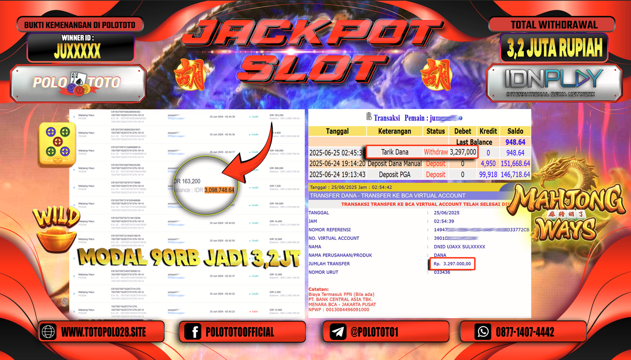 POLOTOTO JACKPOT SLOT MAHJONG WAYS Rp.3.297.000,-