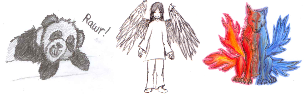 3 drawings, one of a panda, one of an anime girl with wings, and one of a red and blue wolf.