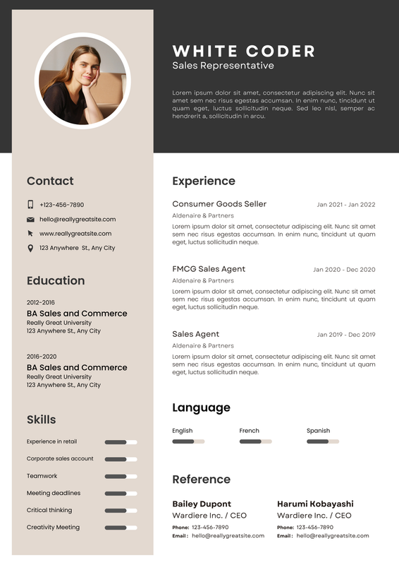 White simple Sales Representative Cv Resume CV Template