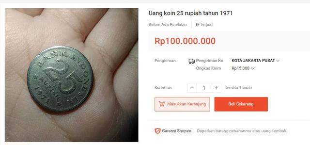 Uang <a href='https://kaltim.tribunnews.com/tag/koin' title='koin'>koin</a> Rp 25 keluaran 1971

