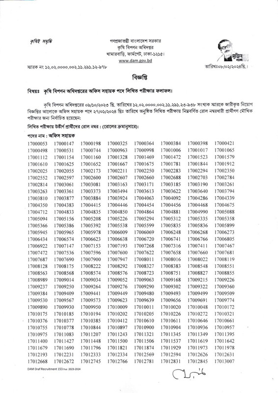 download the Department of Agricultural Marketing (DAM) Exam Result Notice 2024