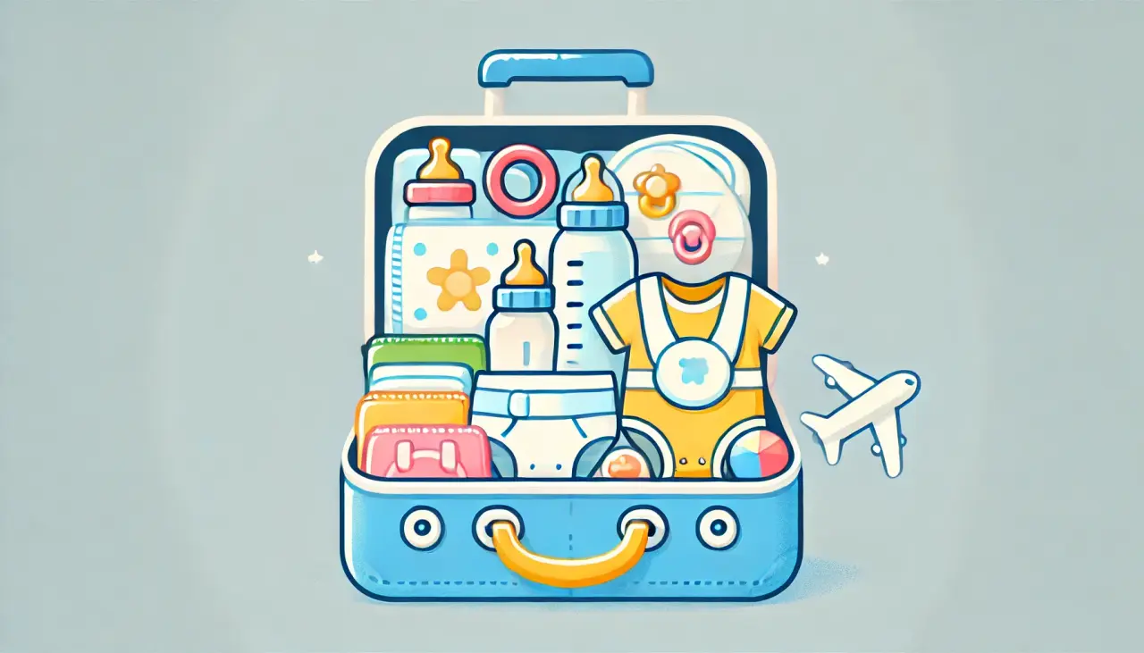 Illustration of a suitcase packed with baby essentials like diapers, bottles, and baby clothes, ready for a flight home after surrogacy.