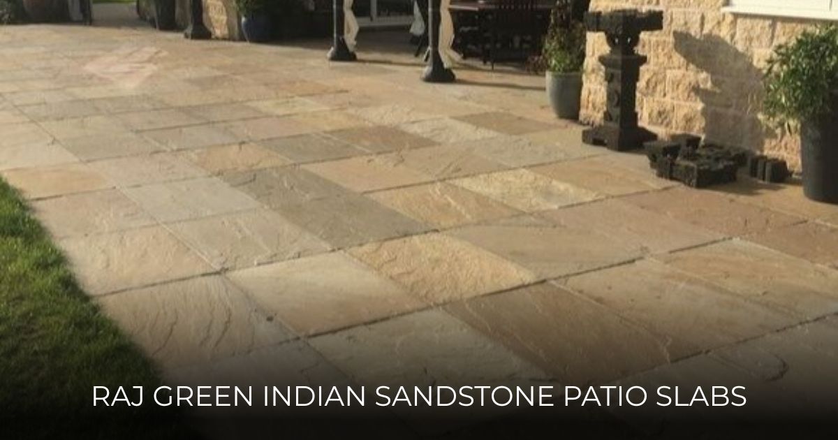 Raj Green tumbled Indian sandstone patio paving slabs featuring a natural mix of green and brown tones with rounded, weathered edges.