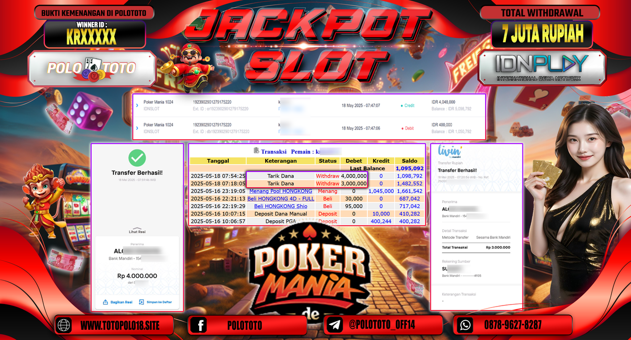 POLOTOTO JACKPOT SLOT POKER MANIA 1024 Rp.7.000.000,-