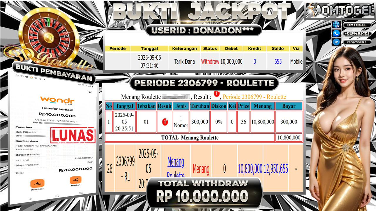 OMTOGEL JACKPOT LIVE GAMES ROULETTE 10 JUTA DI BAYAR LUNAS ,-