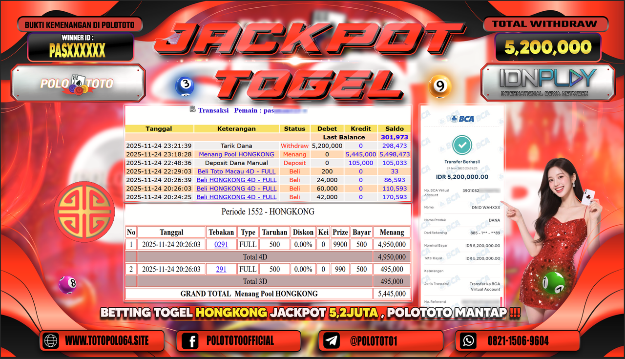 POLOTOTO JACKPOT TOGEL MENANG HONGKONG LOTTO Rp.5.200.000,- LUNAS
