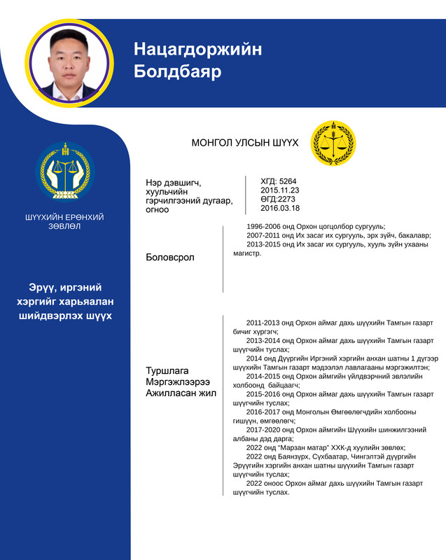 Эрүү, иргэний хэргийг харьяалан шийдвэрлэх анхан шатны шүүхийн шүүгчид нэр дэвшигч Н.Болдбаярын мэргэжлийн үйл ажиллагааны танилцуулга