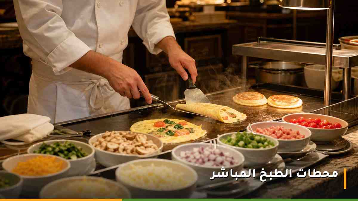 محطة طبخ مباشر في بوفيه إفطار فندق بمكة يحضّر فيها الطاهي العجة والفطائر أمام الضيوف