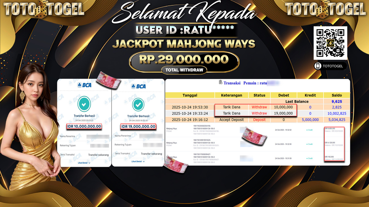 Bukti Pembayaran Jackpot Permainan Slot Mahjong Ways ID:RATU**** LUNAS