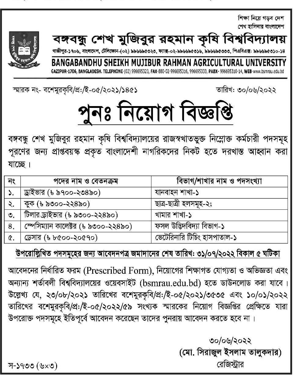 Bangabandhu Sheikh Mujibur Rahman Agricultural University Job Circular 1 BSMRAU job Circular 2022