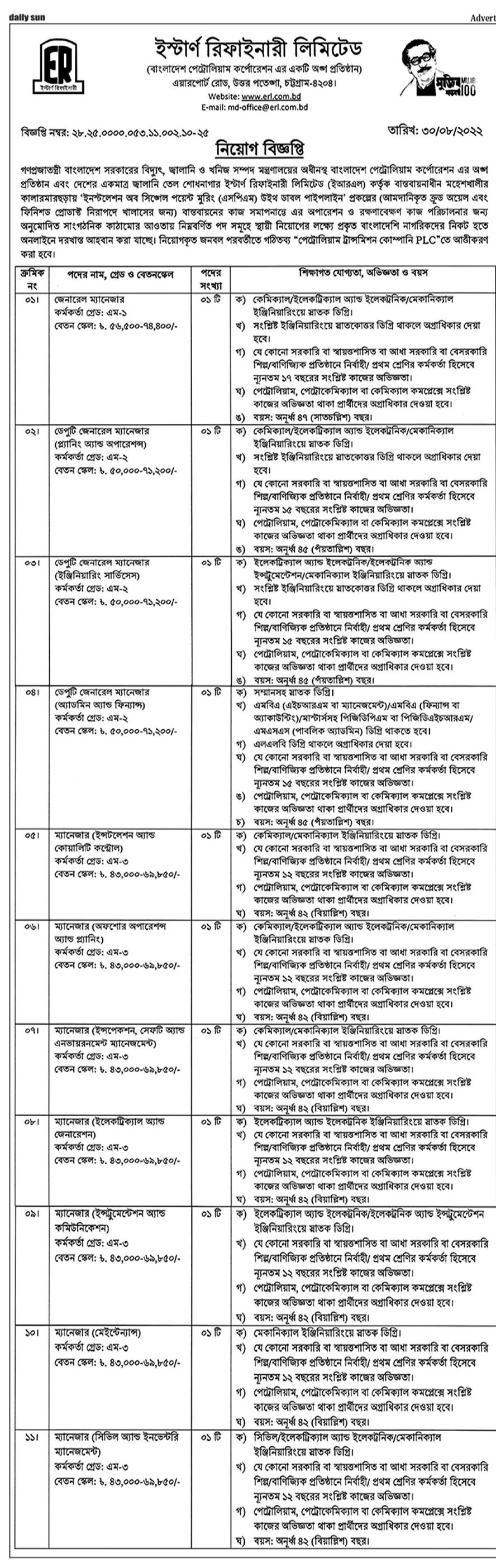 বাংলাদেশ পেট্রোলিয়াম কর্পোরেশন বিপিসি নিয়োগ বিজ্ঞপ্তি ২০২২ (১১৯ পদে) 11 ইস্টার্ন রিফাইনারি লিমিটেড এ বিভিন্ন পদে নিয়োগ বিজ্ঞপ্তি ২০২২