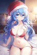 1girl, yoshino (date a live), blue eyes, blue hair, large breasts, santa bikini, s-3889006904