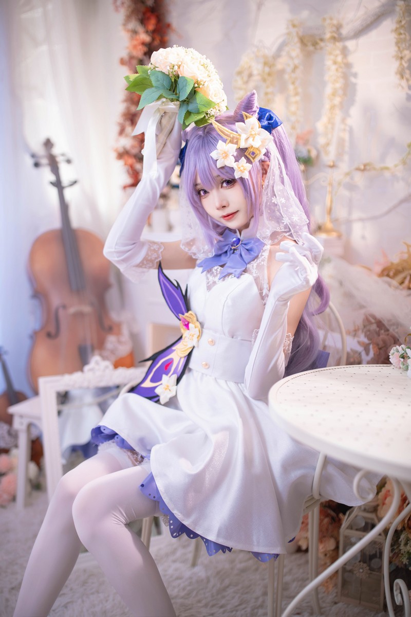 艾西Aiwest 刻晴花嫁Cosplay写真图集 原神刻晴婚纱高清图集 40P (223.2M)插图2