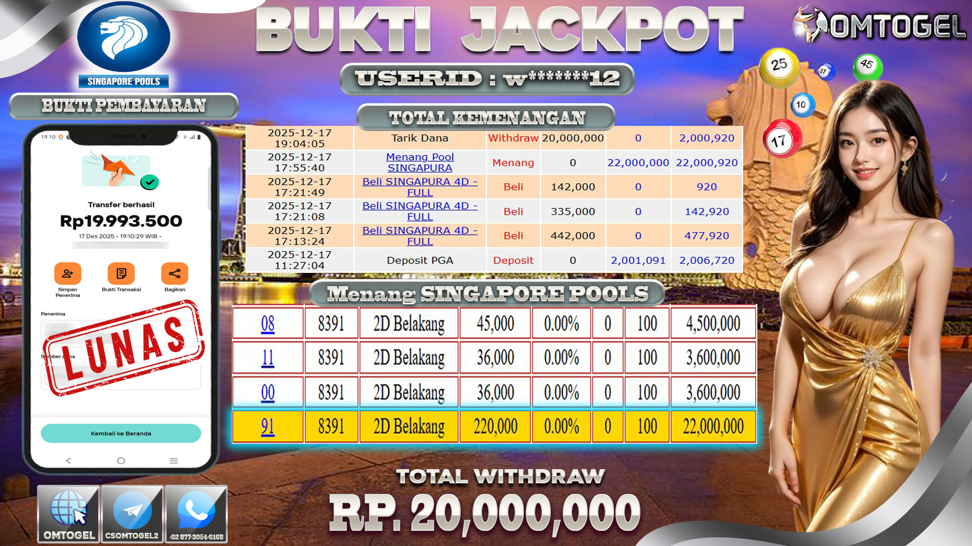 OMTOGEL JACKPOT TOGEL SINGAPORE POOLS,20 JUTA DI BAYAR LUNAS ,-