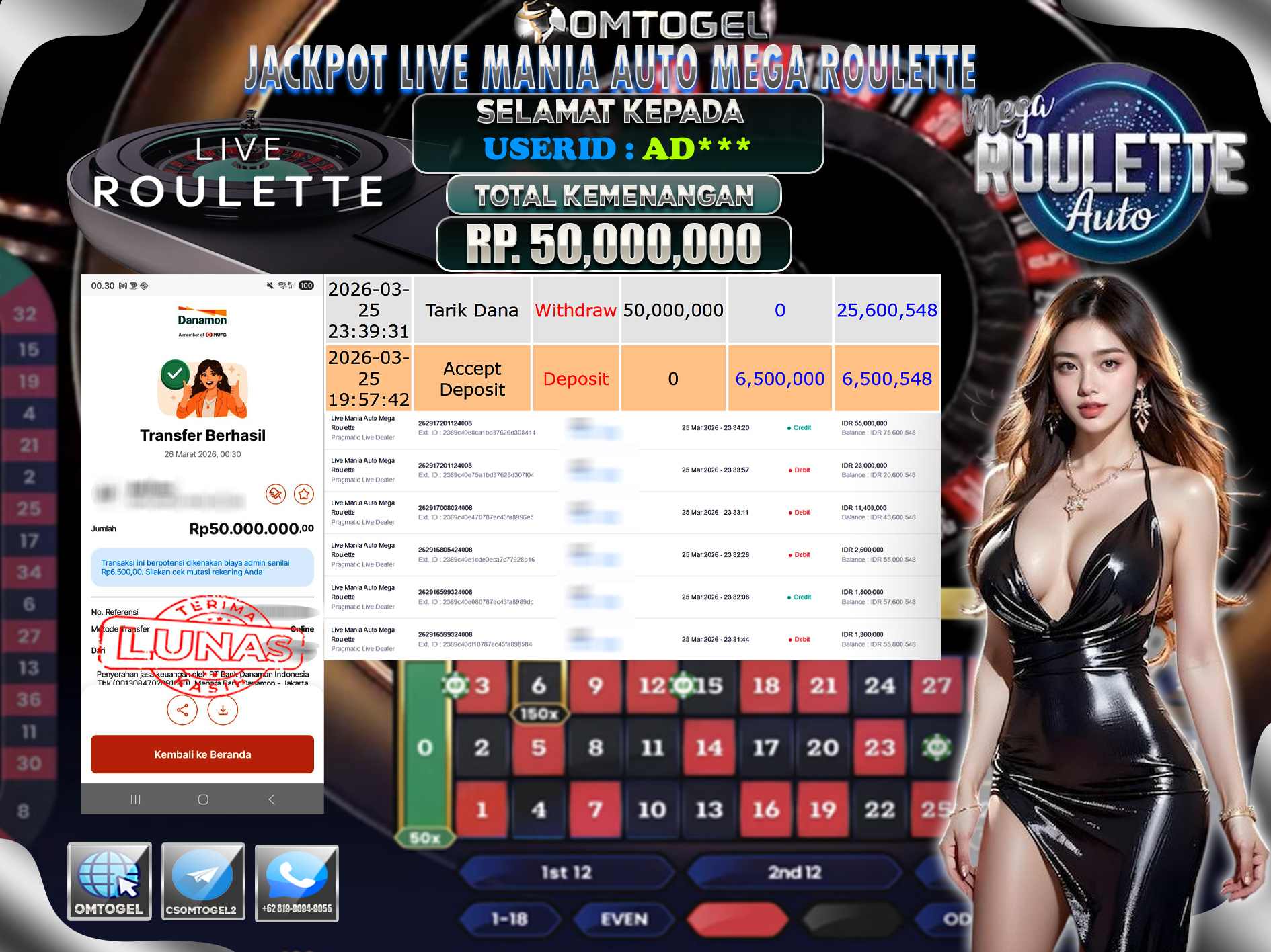 OMTOGEL JACKPOT LIVE MANIA AUTO MEGA ROULETTE, 50 JUTA DI BAYAR LUNAS ,-