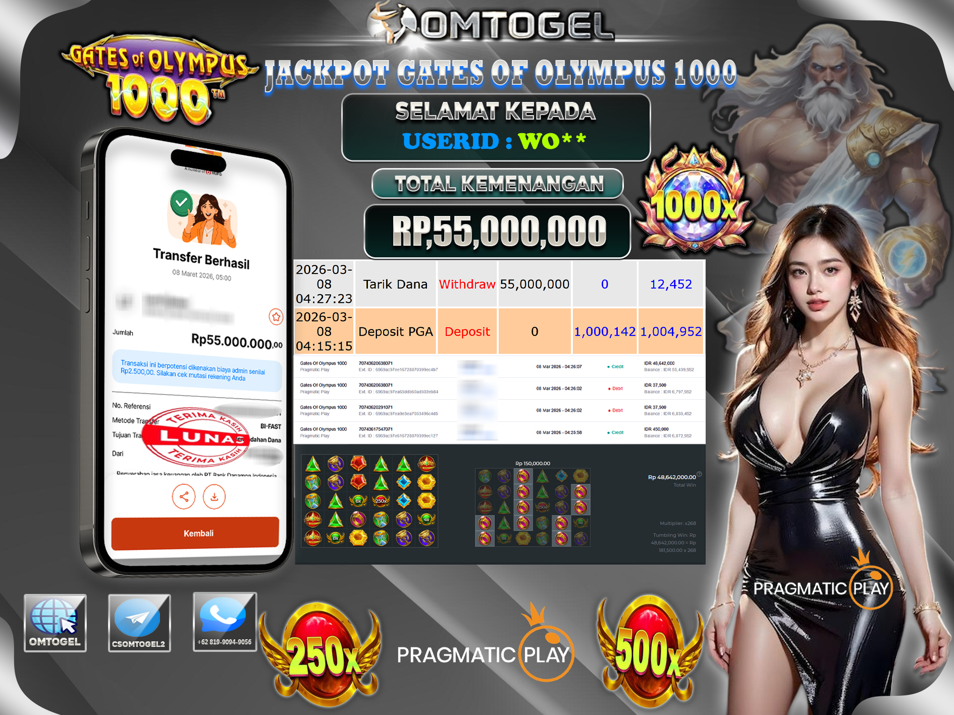 OMTOGEL JACKPOT PRAGMATIC PLAY GATES of OLYMPUS 1000, 55 JUTA DI BAYAR LUNAS ,-