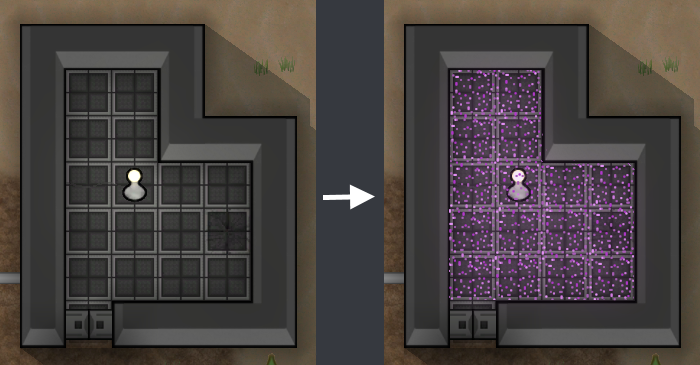 A before and after screenshot of a room filling with plasma for debug purposes.