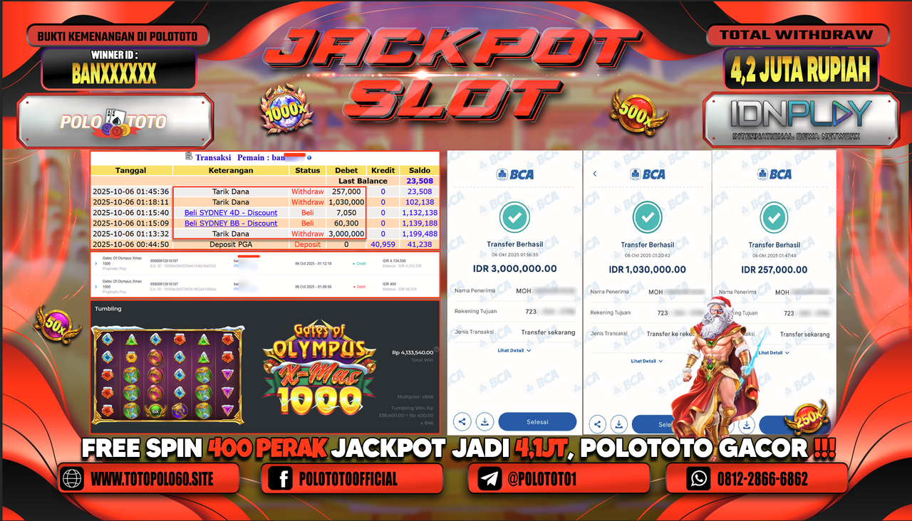 POLOTOTO JACKPOT SLOT GATES OF OLYMPUS X-MAS 1000 Rp.4.200.000,- LUNAS