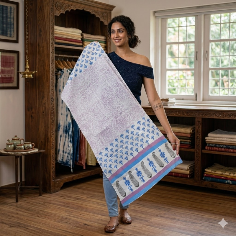 Blue Floral Breeze Handblock Printed Cotton Stole