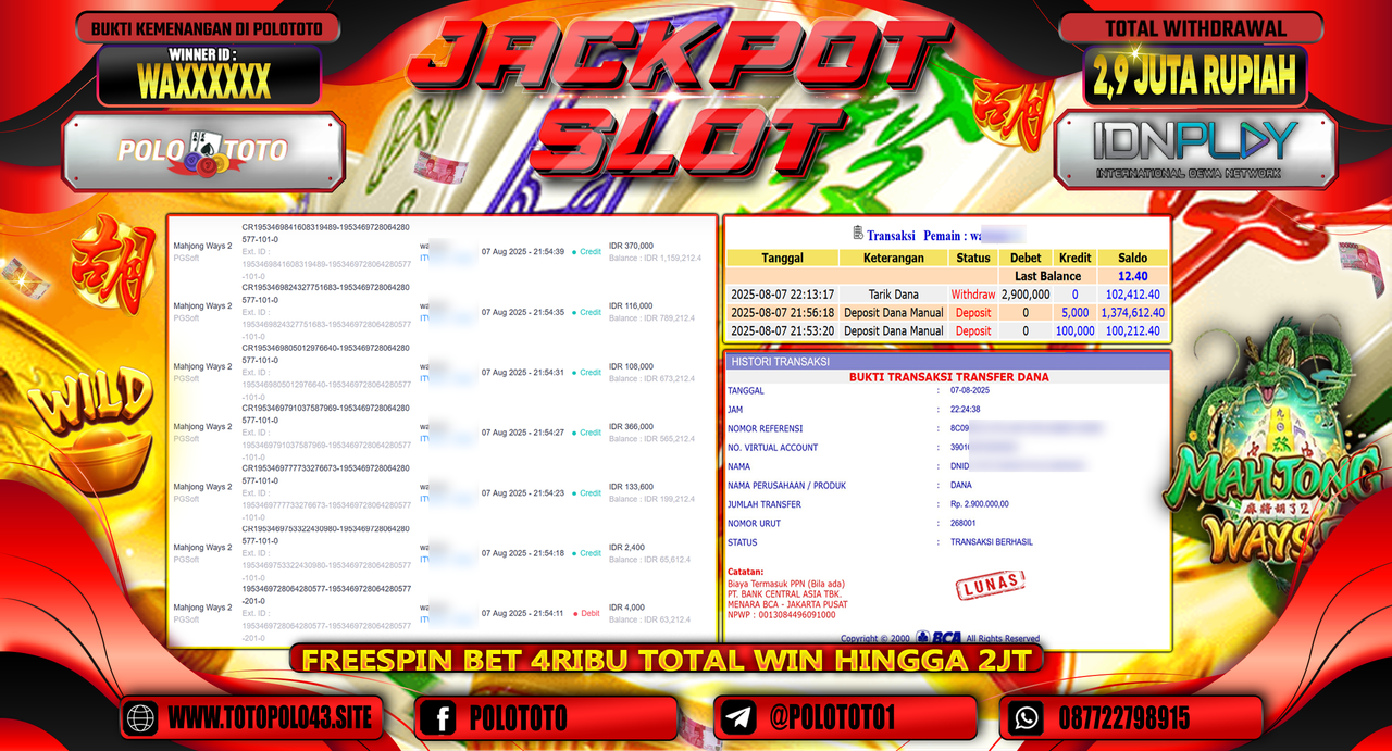 POLOTOTO JACKPOT SLOT MAHJONG WAYS 2 Rp.2.900.000,-LUNAS