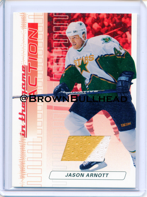 2003-04 ITG Action Jerseys #M-002 [Jason Arnott] [Dallas Stars] [Ruby] [~500] [swatch=yellow white] 