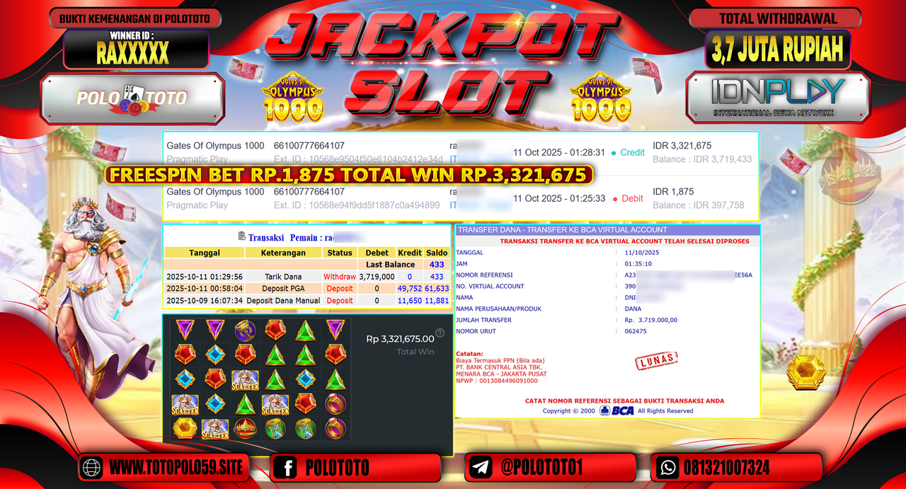 POLOTOTO JACKPOT SLOT GATES OF OLYMPUS 1000 Rp.3.700.000,- LUNAS