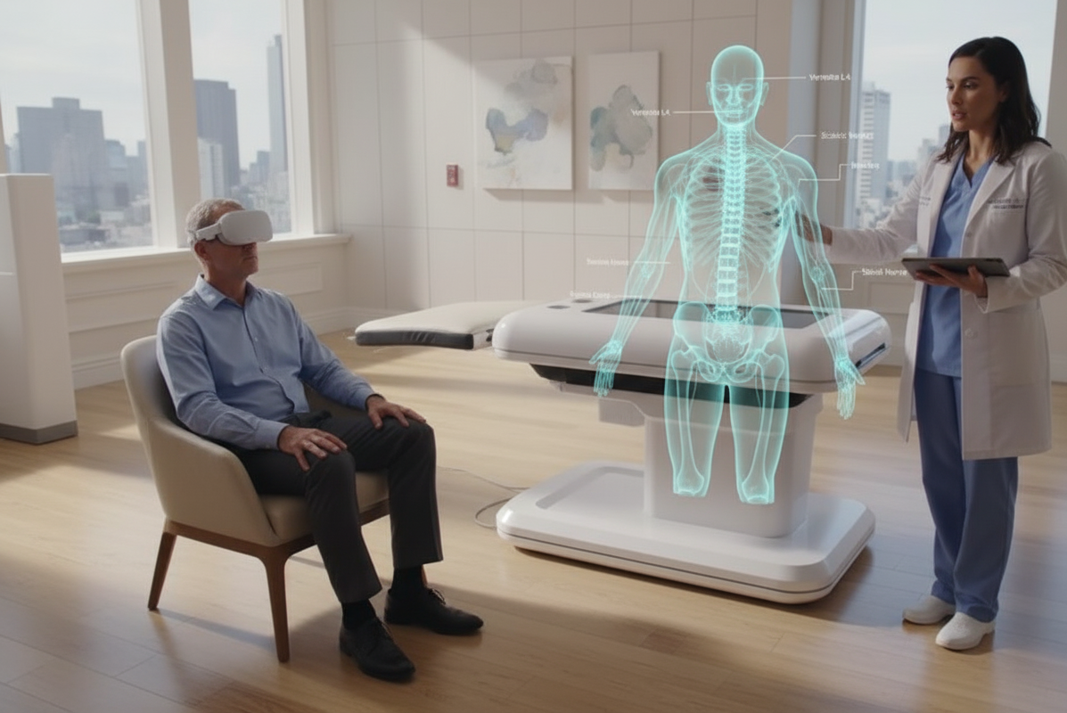 Patient engaged in VR healthcare experience with augmented reality anatomical visualization guided by a healthcare professional
