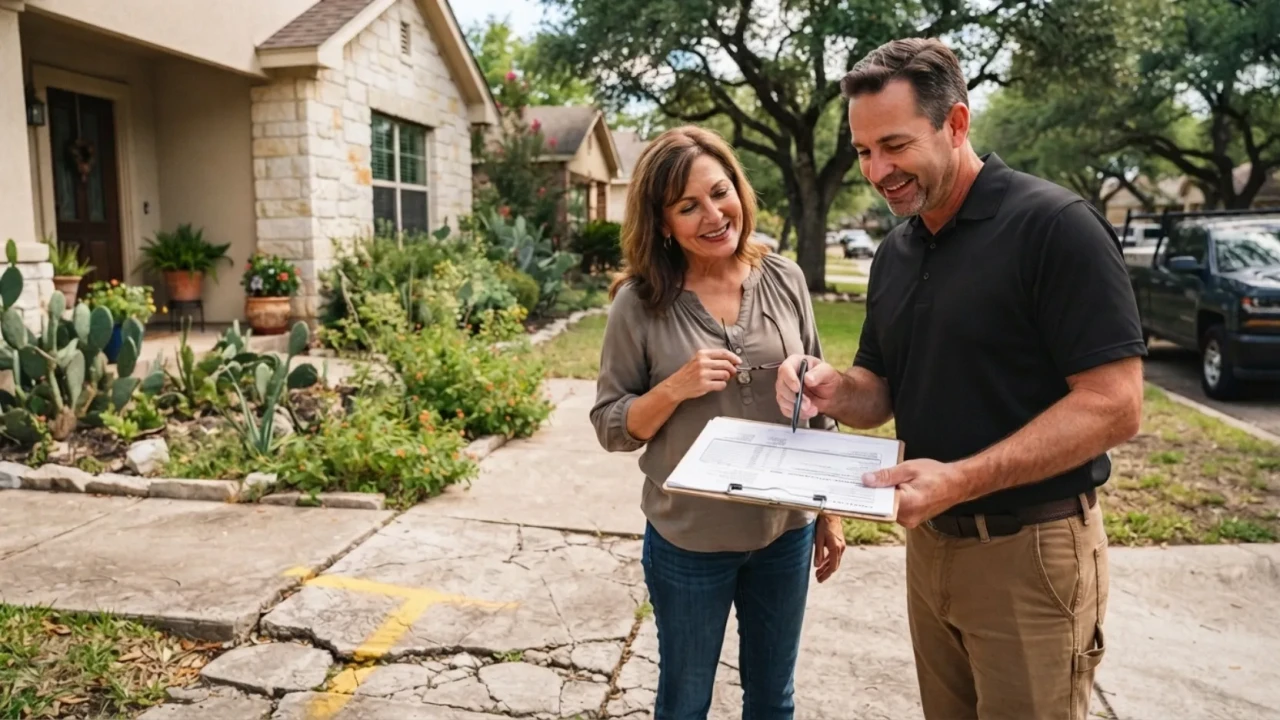 Contractor reviewing a written sidewalk repair quote with a San Antonio homeowner