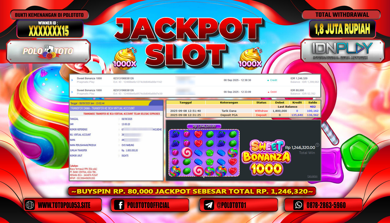 POLOTOTO JACKPOT SLOT SWEET BONANZA 1000 Rp.1.800.000,- LUNAS