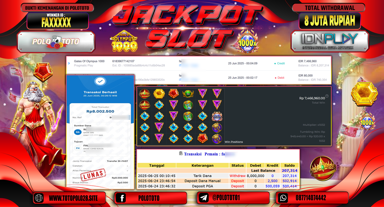 POLOTOTO JACKPOT SLOT GATES OF OLYMPUS 1000 Rp.8.000.000,-