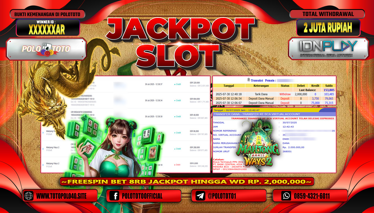 POLOTOTO JACKPOT SLOT MAHJONG WAYS 2 Rp.2.000.000,-LUNAS