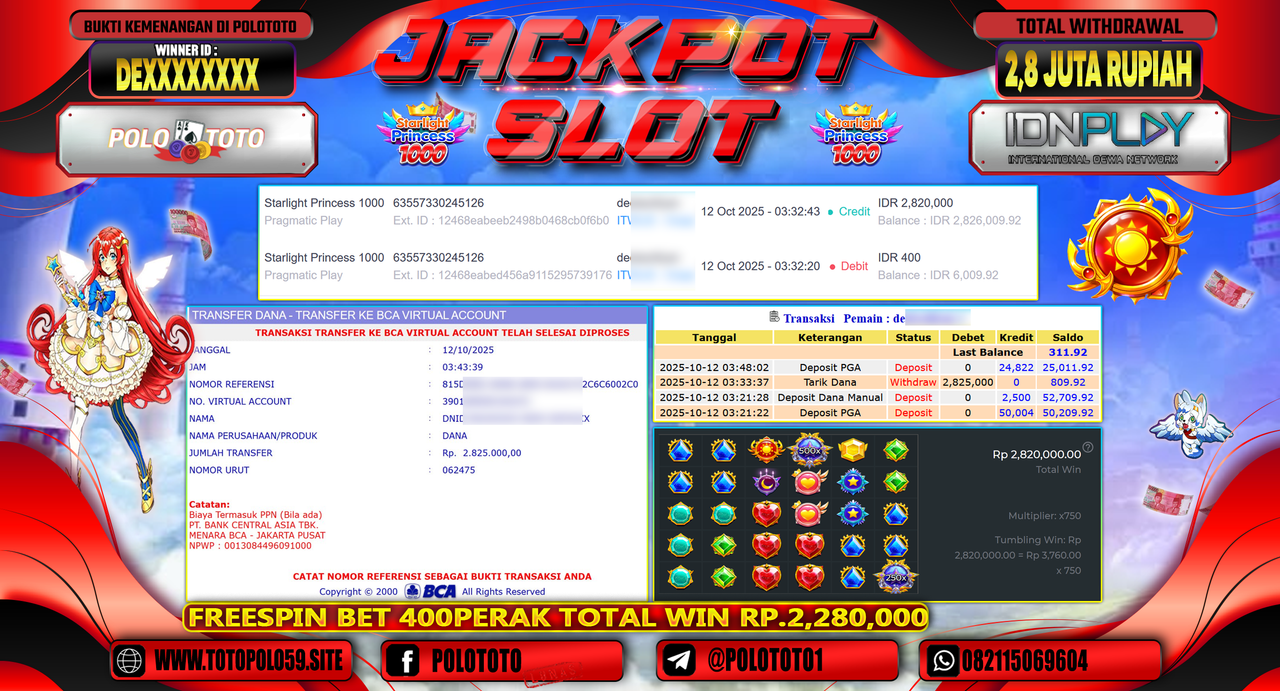 POLOTOTO JACKPOT SLOT STARLIGHT PRINCESS 1000 Rp.2.800.000,- LUNAS