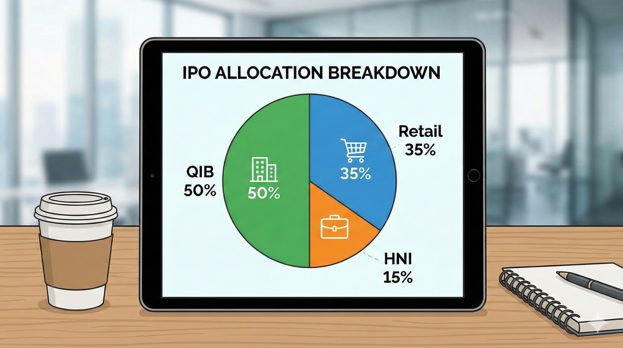 Pie chart showing IPO reservation: Retail 35%, QIB 50%, HNI 15%