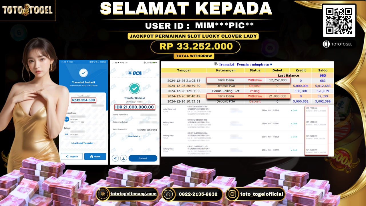 Bukti Pembayaran Jackpot  Permainan Slot Lucky Clover Lady : MIM***PIC** LUNAS