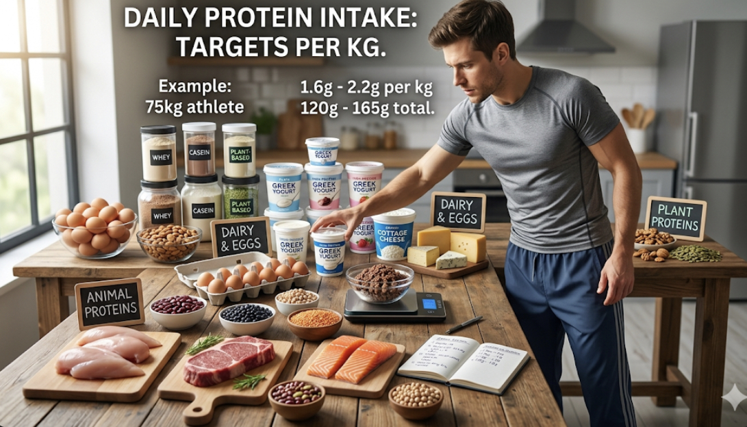 Assortment of high protein foods for muscle growth including chicken breast, eggs, fish, Greek yogurt, tofu, lentils, representing daily protein intake per kg targets