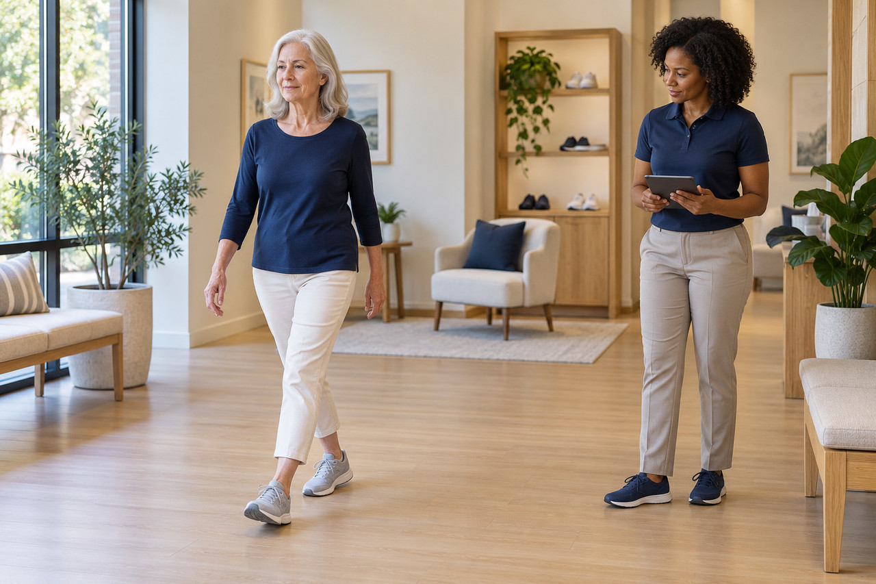 person walking with clinician observing gait