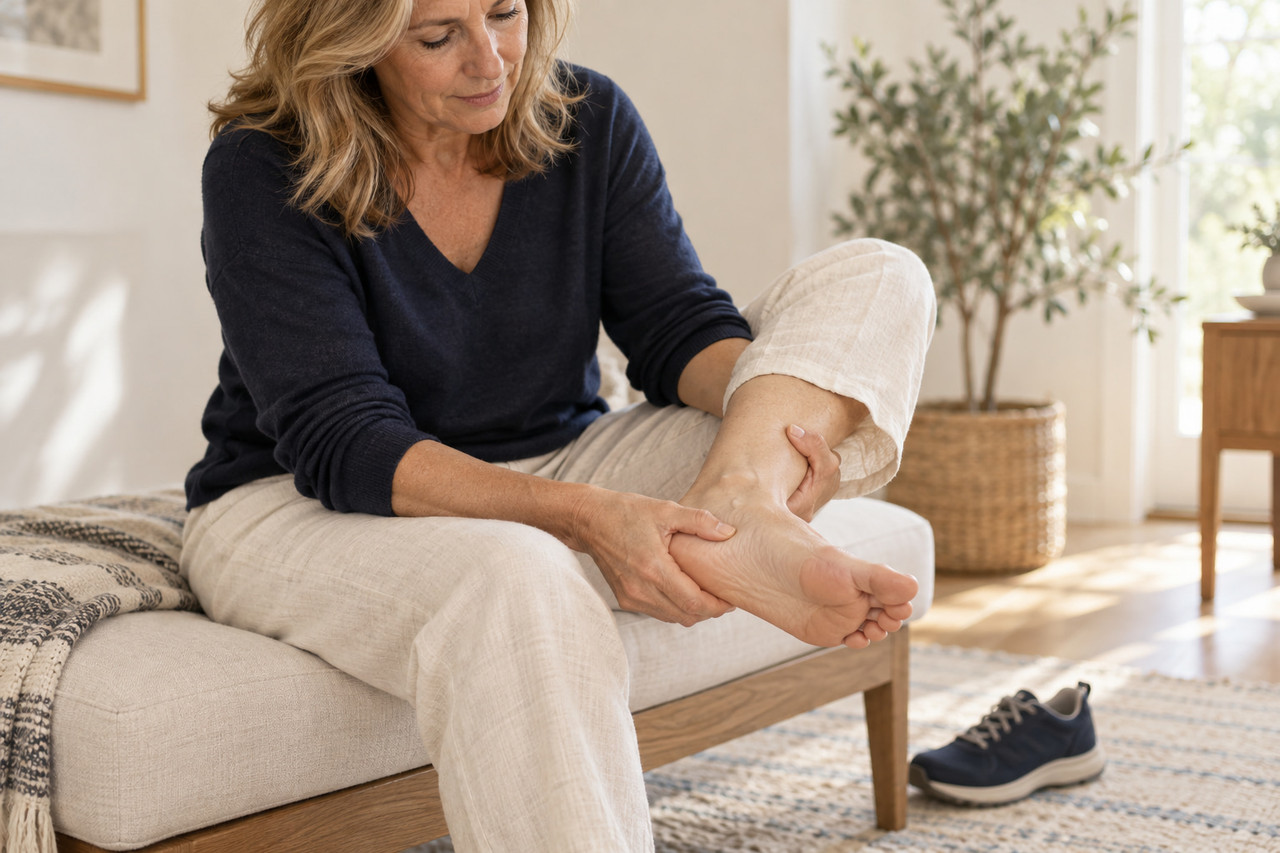 person holding foot on couch