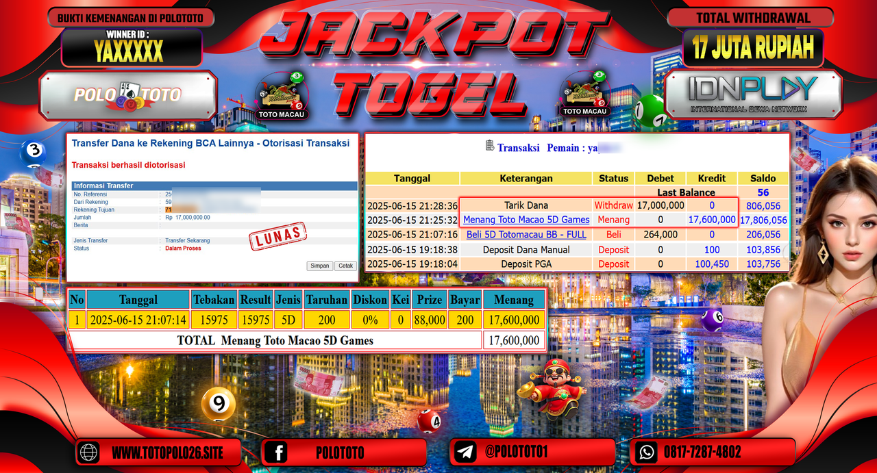 POLOTOTO JACKPOT TOGEL TOTO MACAU 5D Rp.17.000.000,-