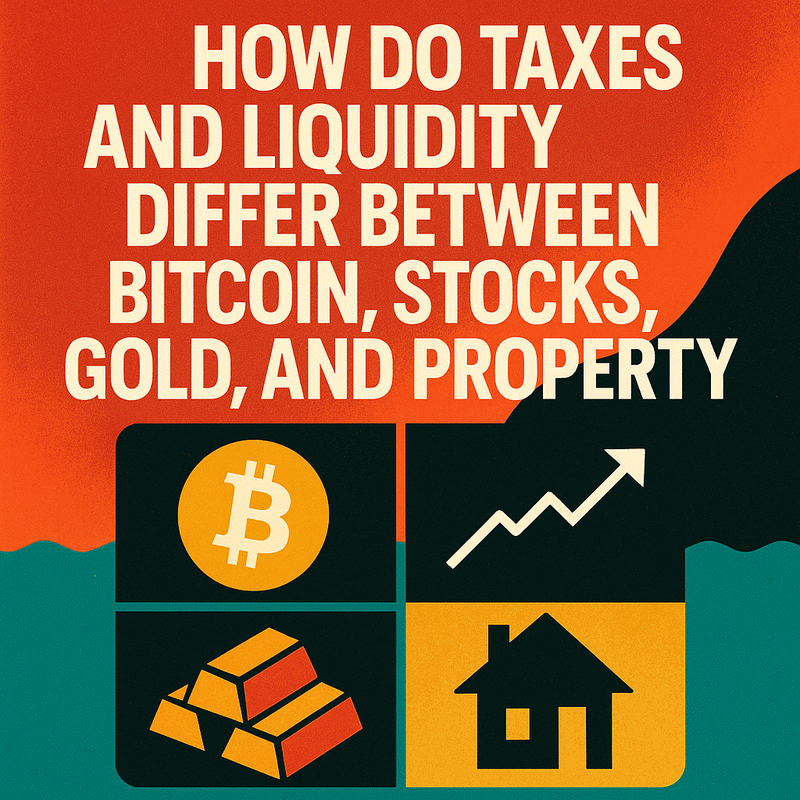 How do taxes and liquidity differ between Bitcoin, stocks, gold, and property