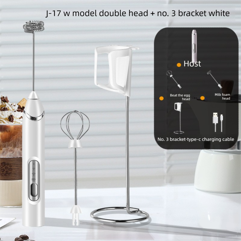 Rechargeable Electric Milk Frother with Metal Stand - Handheld Foam Maker & Egg Beater Set - 3 Speed Mixer with 2 Stainless Steel Whisks for Flat Whites, Lattes & Baking (White)