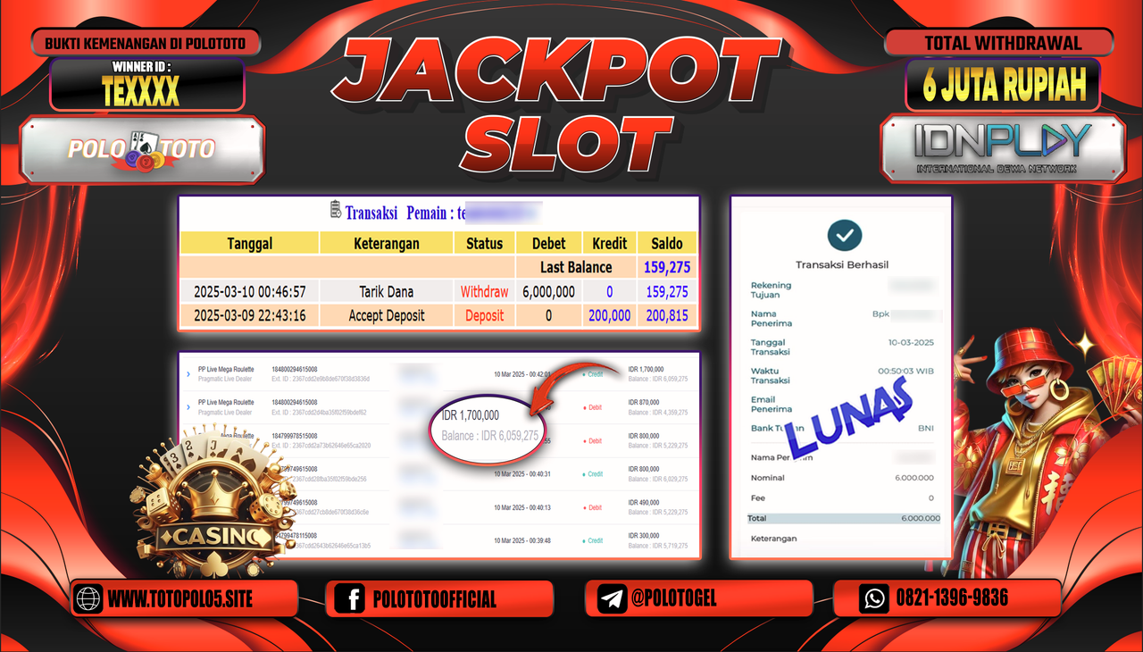 POLOTOTO JACKPOT SLOT CASINO PP LIVE MEGA ROULETTE Rp.6.000.000,-