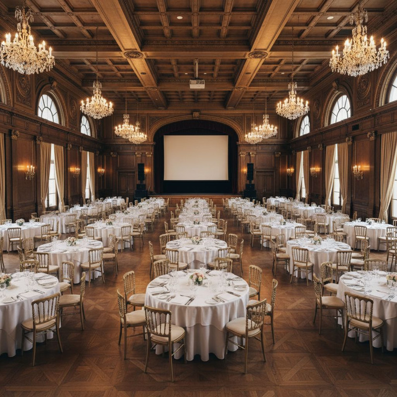 Процесс расстановки мебели и подготовки банкетного зала: организаторы проверяют качество услуги аренда столов перед началом мероприятия.